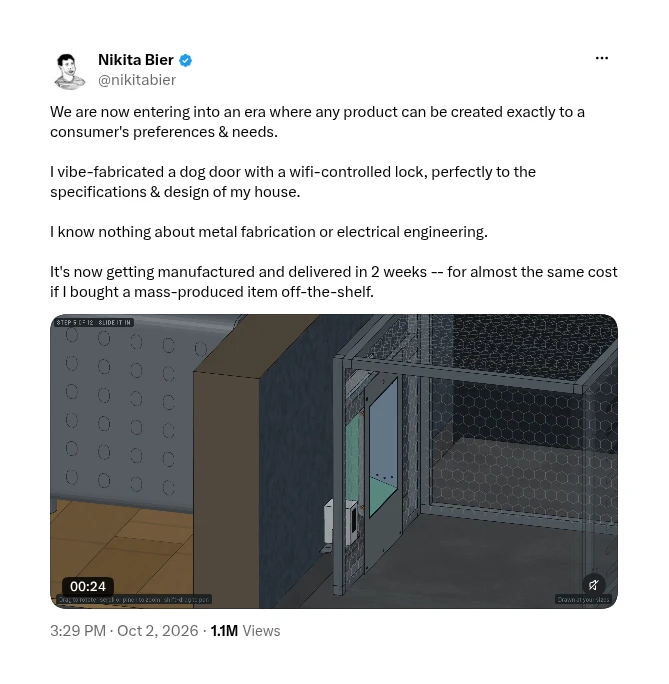 Nikita Bier’s post about designing a custom dog door with a Wi-Fi-controlled lock