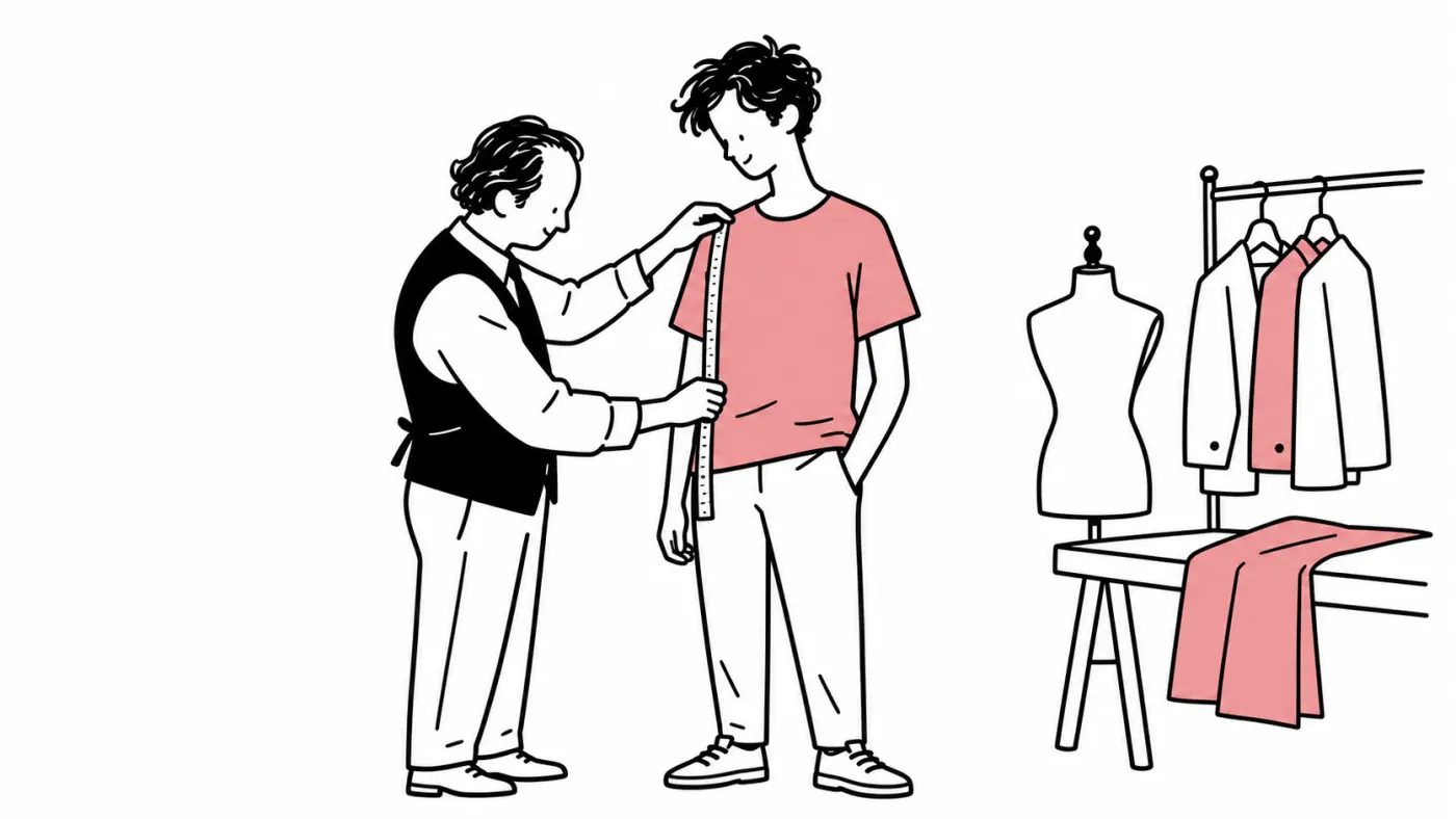 A tailor measuring a customer in a small workshop